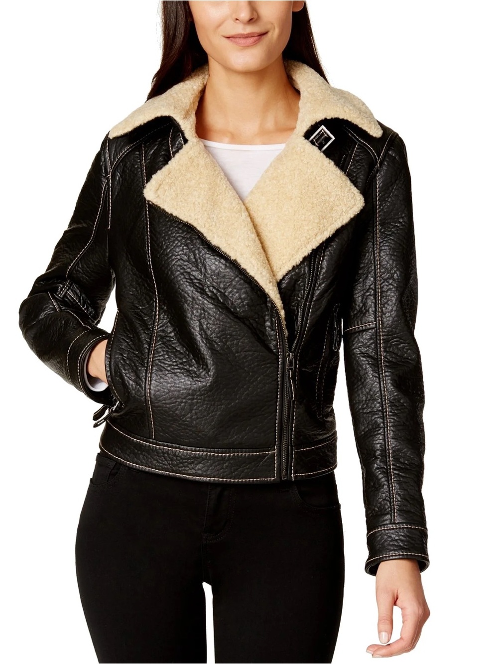 Studio M Women’s Size XS Faux Leather Jacket Black Sherpa Textured Wool Trim